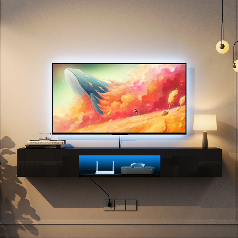 Meuble audio-vidéo flottant 16 couleurs, compatible avec les téléviseurs de 55 à 65 pouces et les téléviseurs de 63 po avec support mural pour 55 à 65 téléviseurs, noir