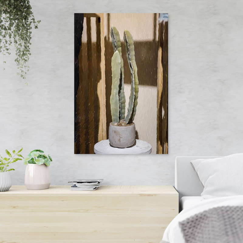 «Green Cactus Plant In Brown Pot», reproduction d'art rectangulaire sur toile tendue 1 pièce, H 14 po x l 11 po