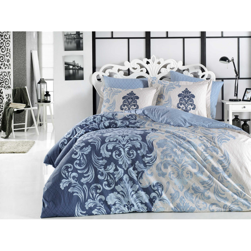 Ensemble de housse de courtepointe en popeline luxueuse, 100% coton, bleu royal et écru | Housse de couette 63 x 87, drap plat 63 x 95, taie d'oreiller 20 x 27 | Lavable à la machine, fermeture à boutons pour couette, taie d'oreiller pour enveloppe | D