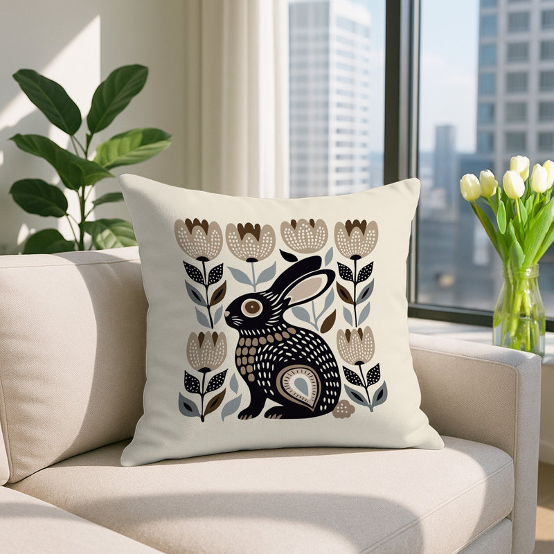 Zuko Rabbit Reversible Indoor/Outdoor Square Pillow, Beige, Square 15"