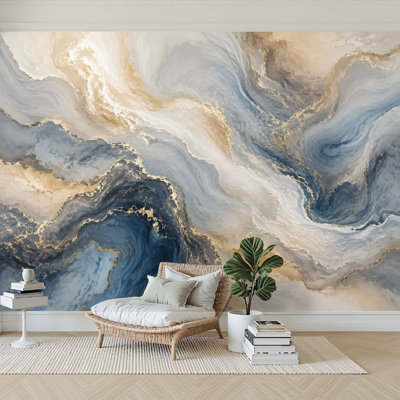 Wall Mural Peel and Stick Wallpaper Abstract Marble Effect Soft Blue Gray Gold Swirls Self-Adhesive Removable Contact Paper Wall Decor for Living Room Bedroom 100"H x 144"W