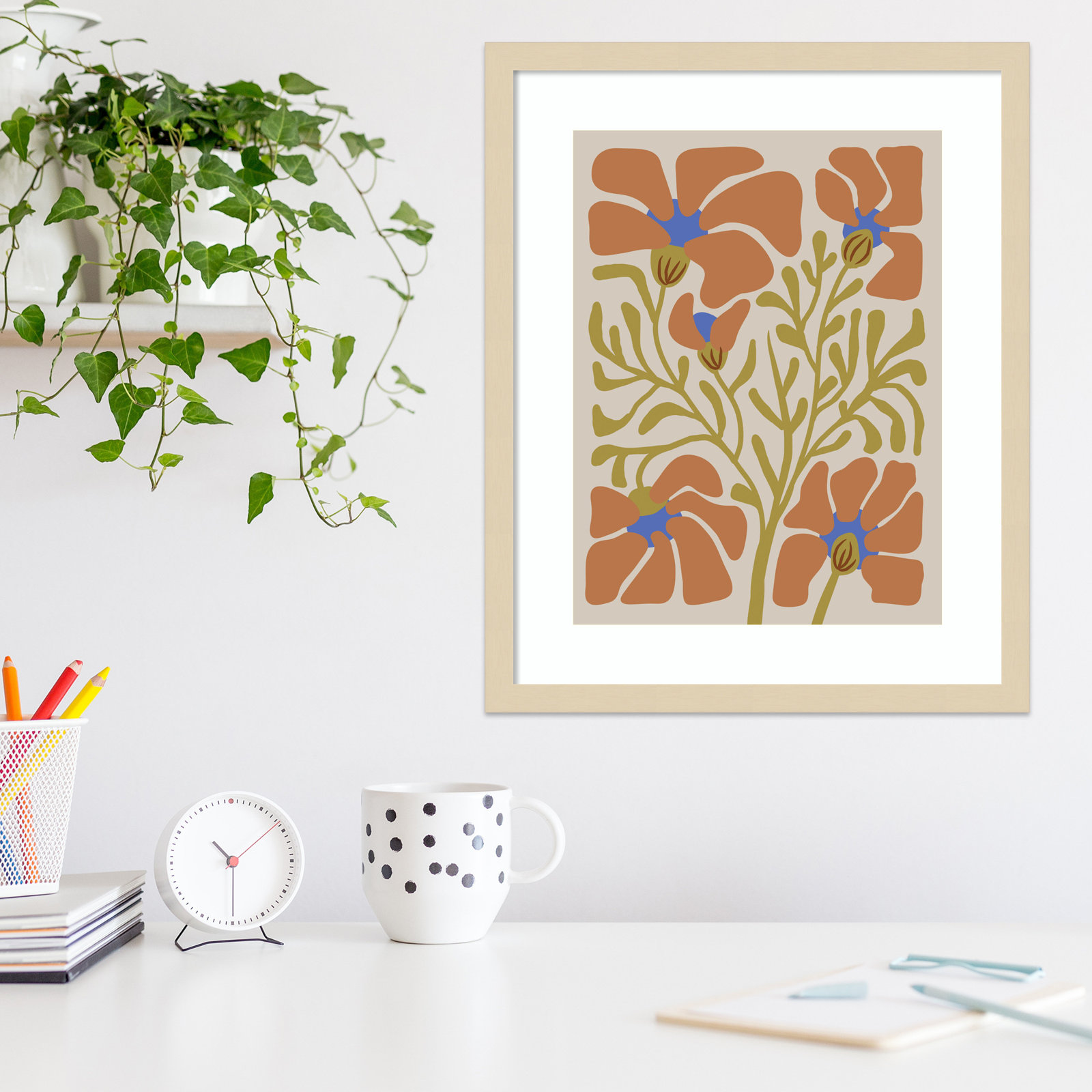 Expressive Abstract House Plant Orange On Tan Framed On Paper by The Creative Bunch Studio Print, Brown, 21" H x 17" W x 1" D