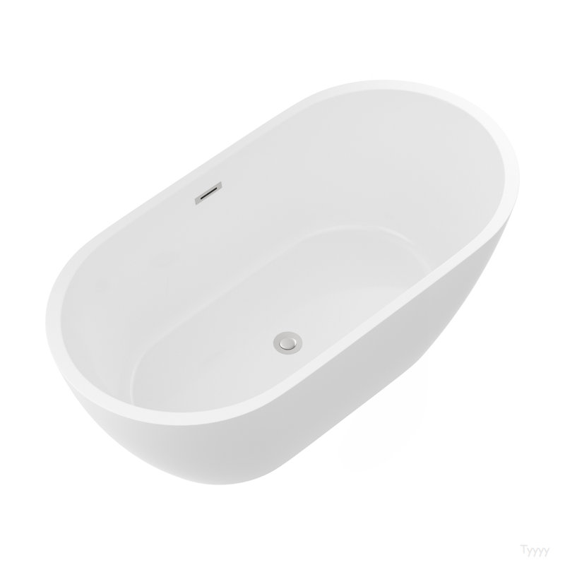 Baignoire autoportante 59 po en acrylique, élégante baignoire ovale, blanc brillant, trop-plein chromé et bonde escamotable
