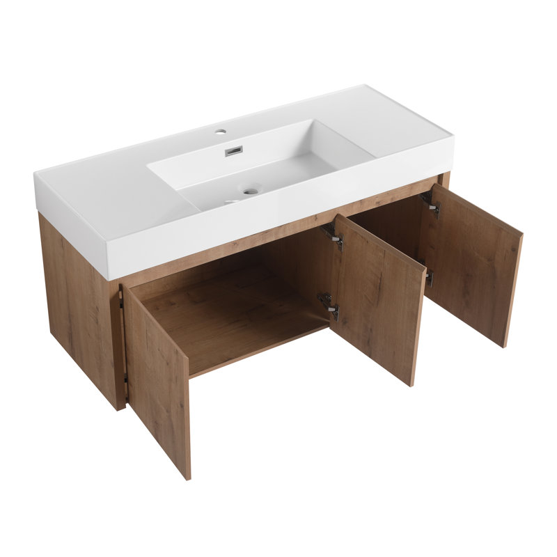 Meuble-lavabo mural de 48 po avec plateau en résine, armoire de salle de bain murale avec 3 portes à fermeture douce
