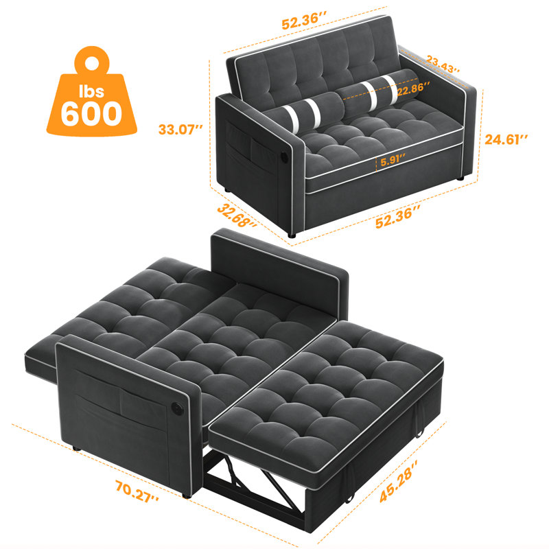 Brittany 54.2" Velvet Sleeper Sofa with USB Port and Storage Side Pockets, Black