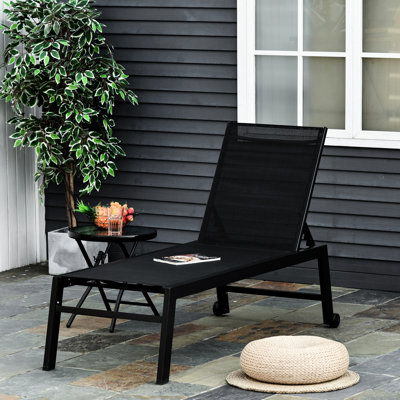 Black Patio Lounge Chair With 5 Reclining Feature And Wheels - Outdoor For Pool, Beach, Lawn Poolside Chair, , 2 Wheels, Comfortable Use