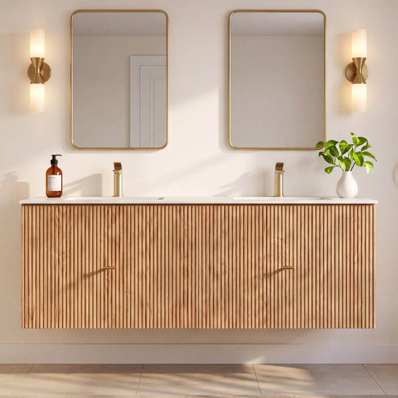 Ula 60" Natural Oak With White Countertop, White, Natural Oak