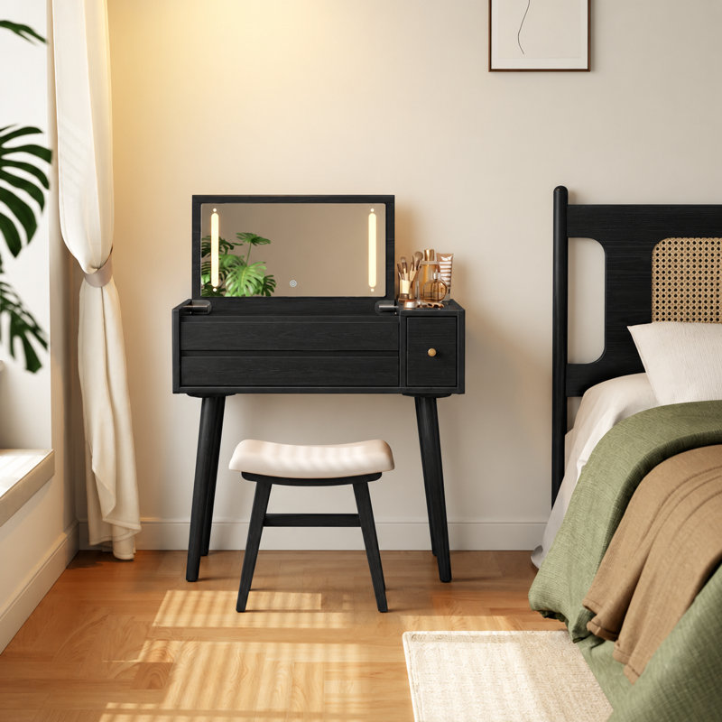 Coiffeuse en bois massif avec miroir inversé et modes d'éclairage, L 31,4 po, Noir