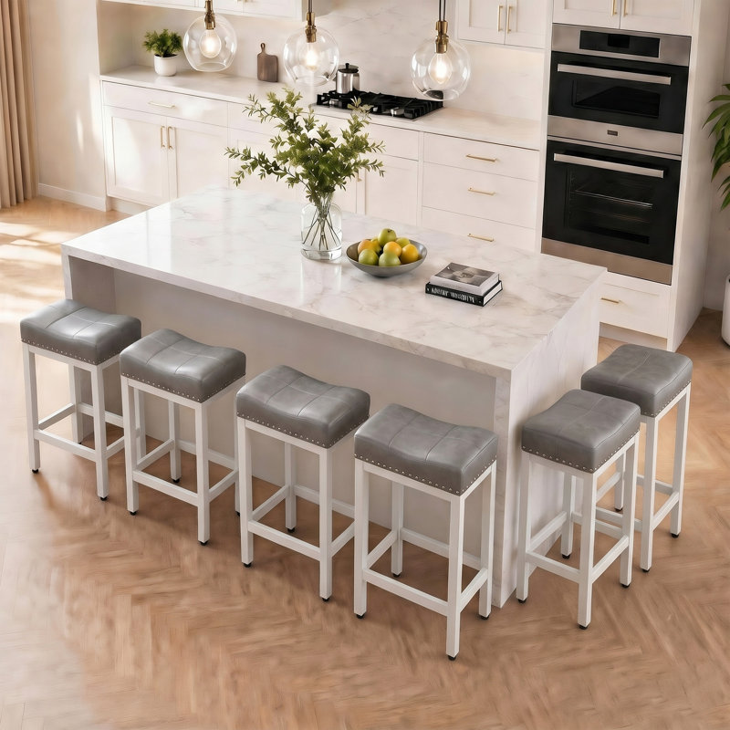 Michille Saddle Upholstered 24.21" Counter Stool, Gray/White, 6