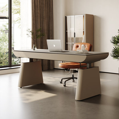47.24" Modern Light Luxury Electric Standing Desk – Grey Sintered Stone Tabletop, Beige Saddle Trim, Dual Motor