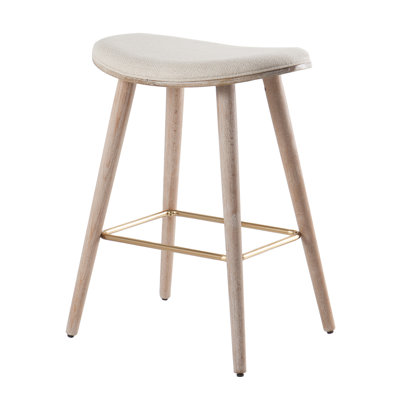 Tabouret de comptoir contemporain 26 po en bois délavé blanc et tissu crème avec métal doré, L 16,75 po x l 21 po x H 25 po, tissu, ensemble 2 pièces, tabouret de comptoir, crème, style contemporain