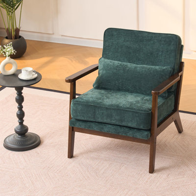 Fauteuil d'appoint moderne du milieu du siècle, fauteuil lounge en tissu avec accoudoirs droits en bois d'hévéa et coussin lombaire, gris foncé antique pour salon ou chambre
