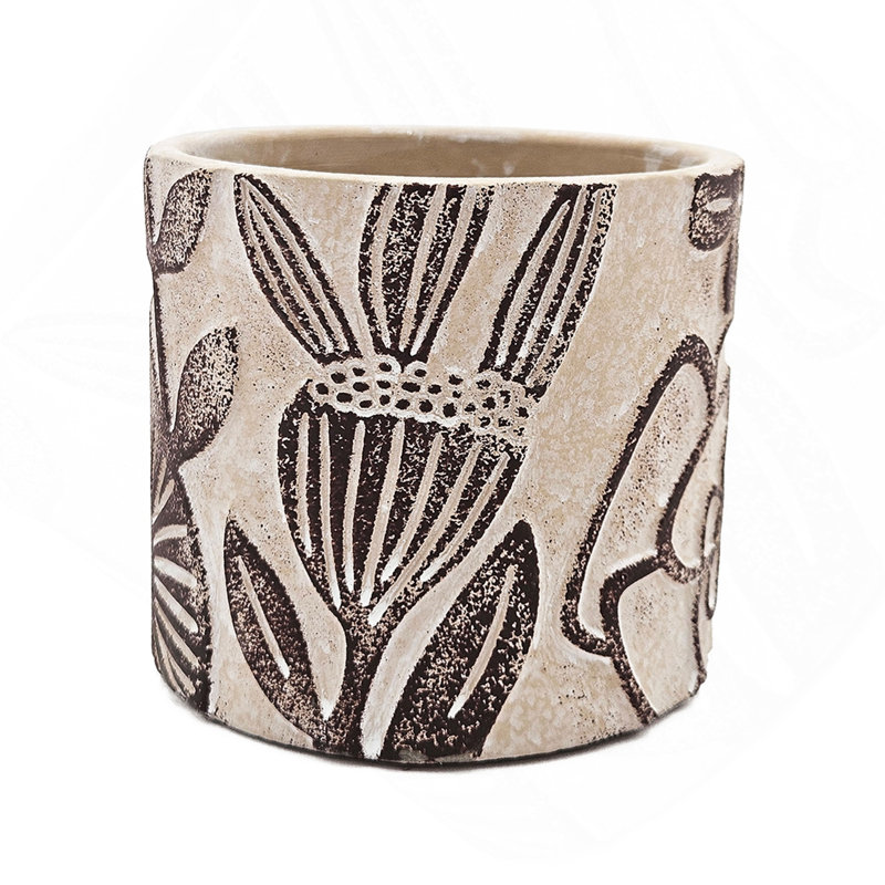 Ensemble de 4 jardinières en sable et ciment gris 4,3 x 4,3 x 4 po avec motifs botaniques bruns