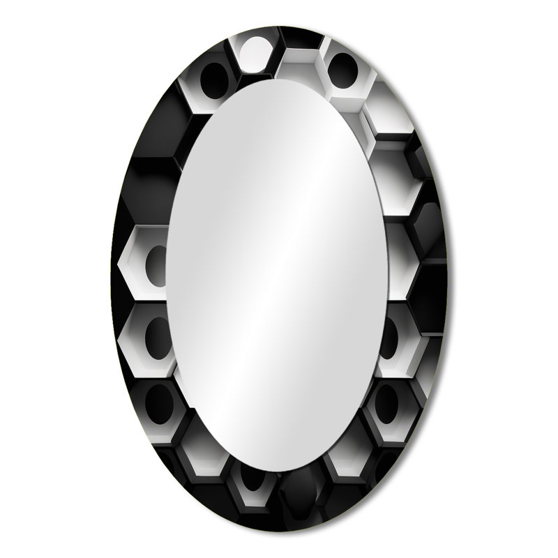 Abstract Geometric Black And White II - Abstract Oval Decorative Mirror On Metal, 36" x 24"