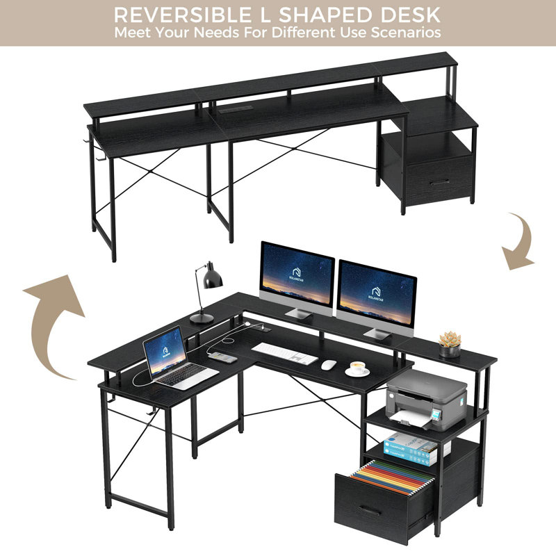 Bureau en L avec prises intégrées, Noir mat / noir