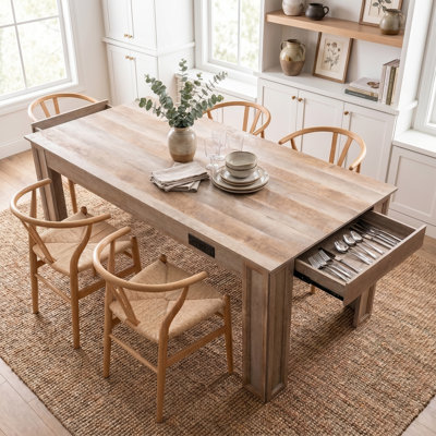 Table de salle à manger 70,9 "avec tiroir, station de charge, ports USB et prises de courant pour 6 à 8 personnes, table de cuisine en bois rustique