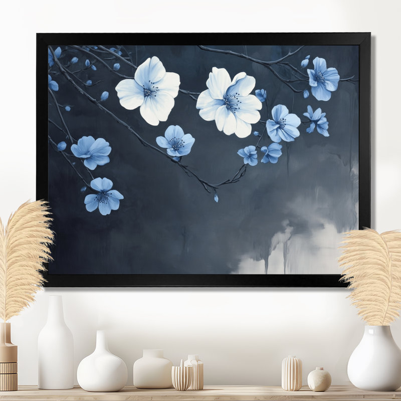 Fleurs de cerisier bleu-noir scintillant à minuit II - Tableau encadré, H 12 po x l 20 po, Black Picture Framed