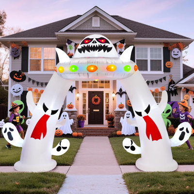 11 Ft Halloween Inflatables Archway Outdoor Ghost UFO Built-In Blower, Red Eye Dimming Ghost/Changing Light Halloween Arch Door Decorations Gifts, Blow Up Yard For Lawn Party(Ghost UFO)