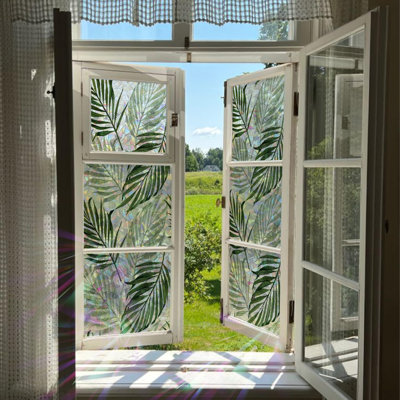 Plants & Flowers Laser Static Cling Privacy Window Sticker-Watercolor Palm Leaves