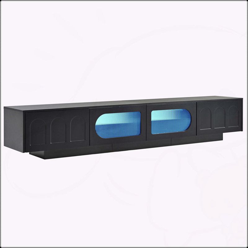 Meuble télé avec portes en verre trempé cannelé pour téléviseur de 95 po ou moins, Noir