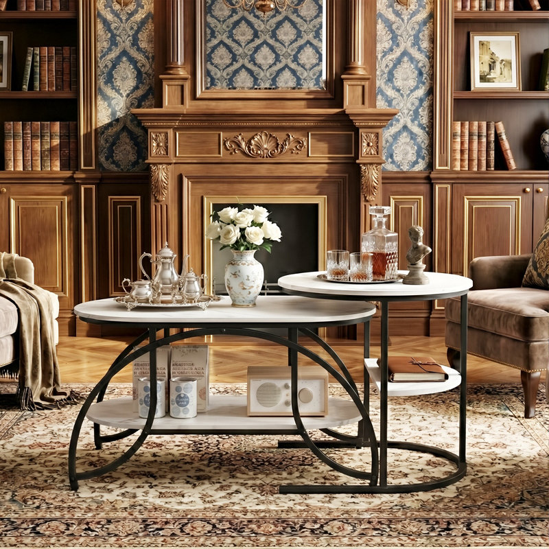 Oval & Round Nesting Coffee Tables (80+52Cm), High-Low Marble Effect Duo With 4-Tier Storage, Black