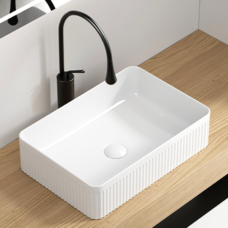 Bathroom Vessel Sink, Rectangular White Ceramic, Deep Bowl, Splash - Minimizing, Efficient Drain