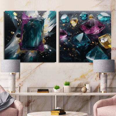 Réalités mauves et vertes sur toile - ensemble de 2 collages carrés de peinture abstraite