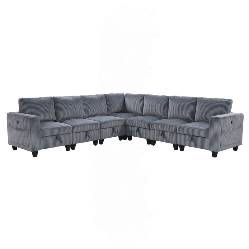 7-Piece Modular Sectional With Storage Seats, Dark Gray Corduroy