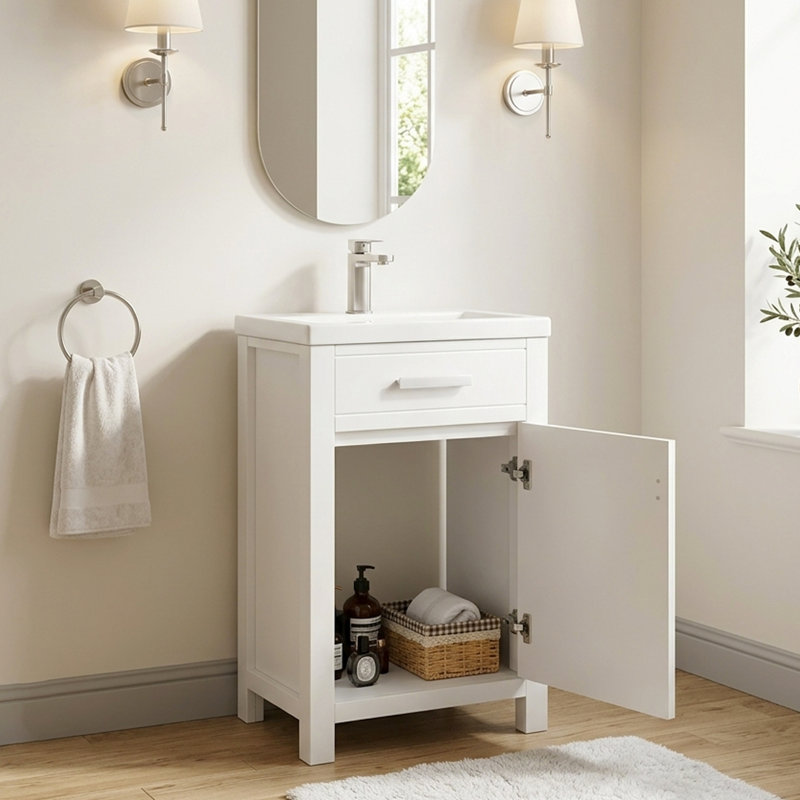 Meuble-lavabo simple autoportant moderne de 20 po avec plateau en céramique pour petit espace, Blanc
