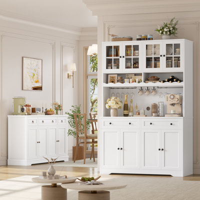 Kitchen Set of 8-Door Farmhouse Pantry Cabinet & Large Wooden Buffet Sideboard, Storage Set with Wine Rack, Charging Station & Adjustable Shelves