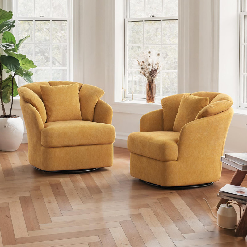 Lillyona Chenille Swivel Barrel Chairs, Mustard Turmeric Chenille