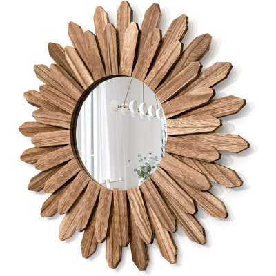 Mirror Wall Decor 21 Inch Rustic Wood Boho Aesthetic Mirror For Room & Home Decor Farmhouse Wall Decor At Living Room Bedroom Carbonized Black
