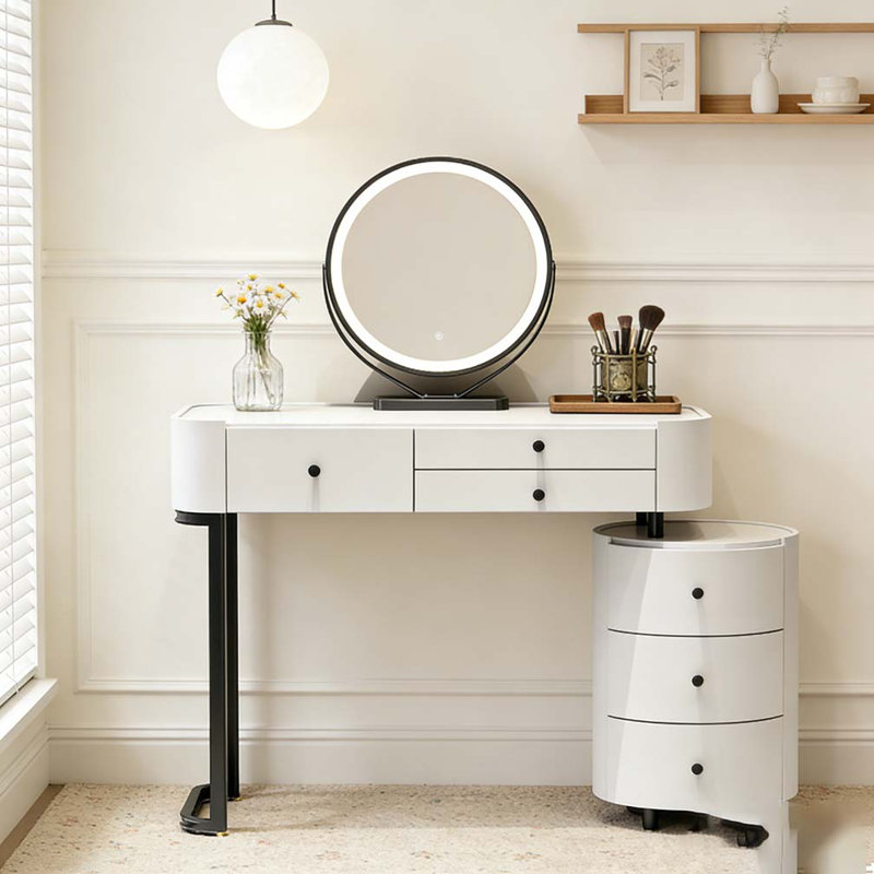 Coiffeuse moderne avec miroir amovible et table d'appoint rotative