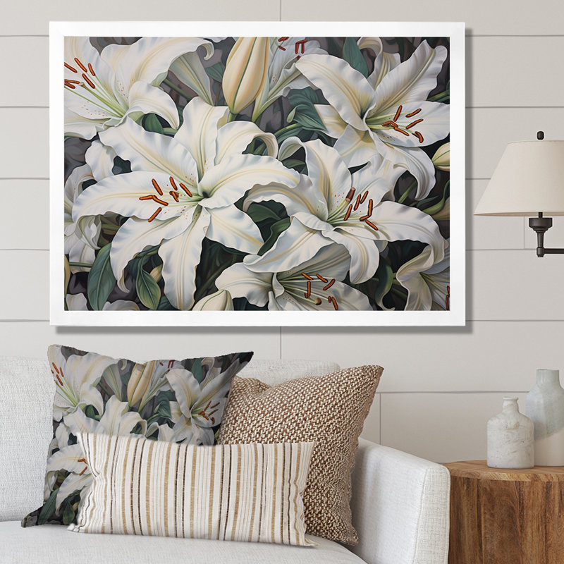 «White Lilies In Bloom Beauty I» sur toile, Cadre simple blanc, H 34 po x l 44 po x P 1,5 po