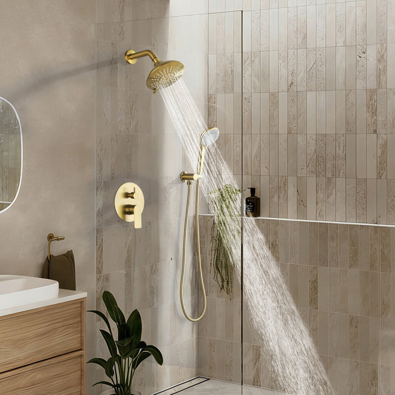 Système de douche mural complet en laiton massif, ensemble de douche 5 fonctions avec valve brute, Or brossé