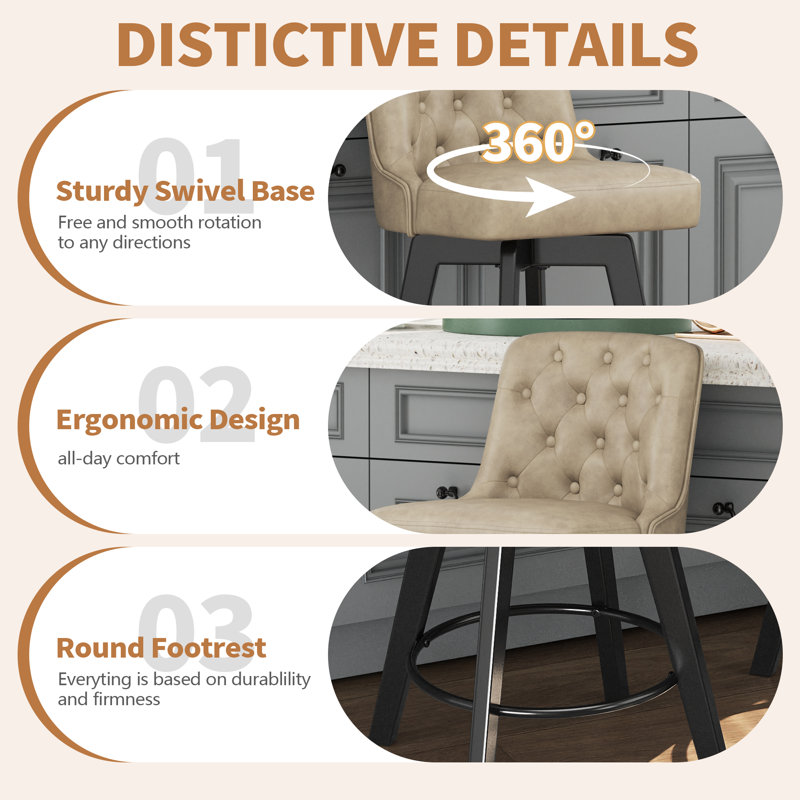 Swivel Upholstered 26'' Counter Stool Wood Leg, Khaki, Counter Stool (26" Seat Height), 2