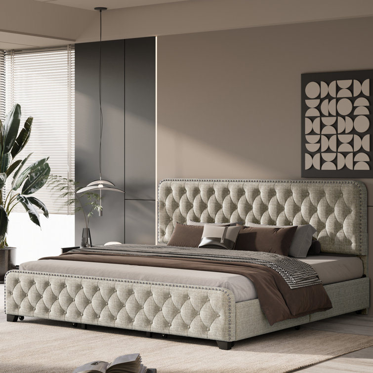 Queen Linen Platform Bed with Button-Tufted Headboard, 4 Drawers, Metal Support, No Box Spring Required