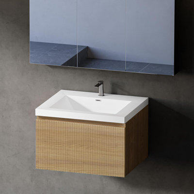24" Floating Bathroom Vanity Modern Wall-Mounted Striped Single Bathroom Vanities with Soft-Close Drawer, Integrated Stone White Basin, Natural Oak