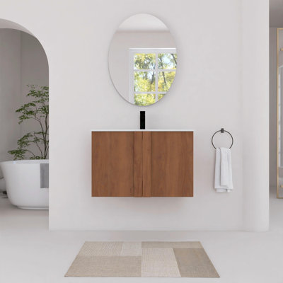 Meuble-lavabo mural 30 po avec lavabo en céramique et portes à fermeture en douceur, ébène brun