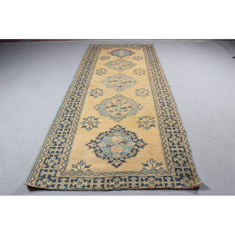 Grand tapis turc rétro de couleur jaune vif idéal pour la chambre à coucher