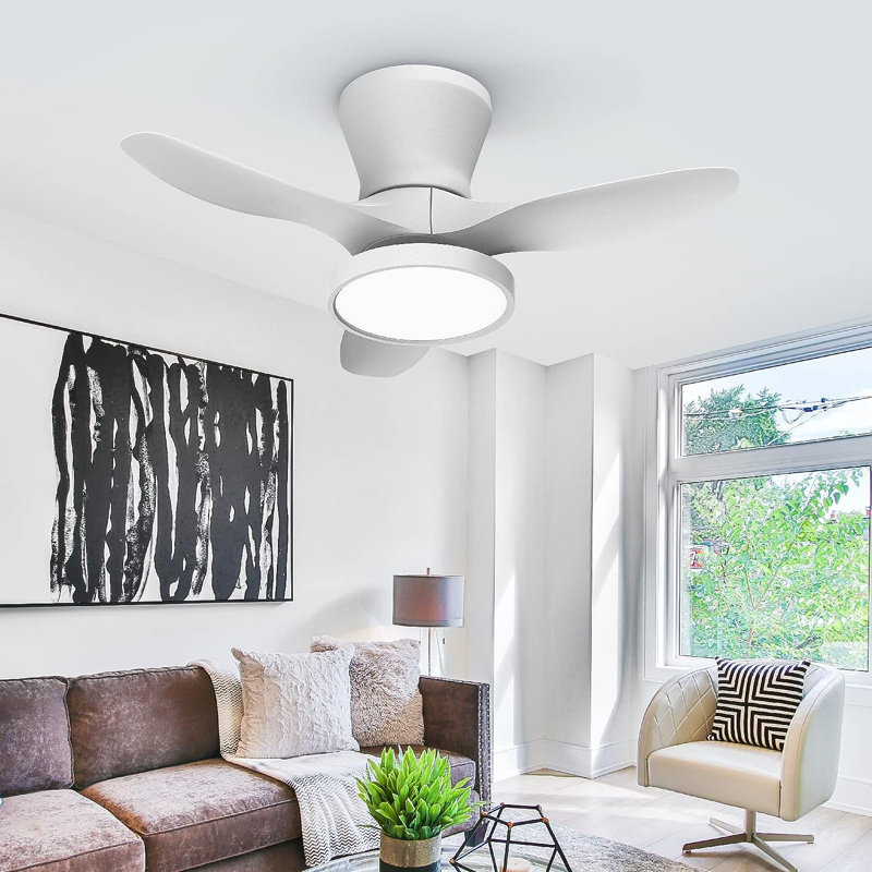 2pcs 32'' Blade Led Flush Mount Ceiling Fan With Remote Control And Light Kit Included, White