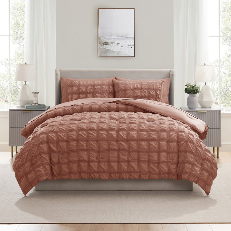 Bed in a Bag Seersucker Diamond Stitch 7 Piece Comforter Set, Mocha Brown, Queen