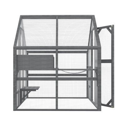 Cat, Large  Outdoor Cat Enclosure for Multiple Cats with 2 Platforms, 2 Resting Box and 1 Bridges, Wooden Feral Cats Shelter with Waterproof and UV Proof Canopy, 74.02 x 55.15 x 74.02 inch