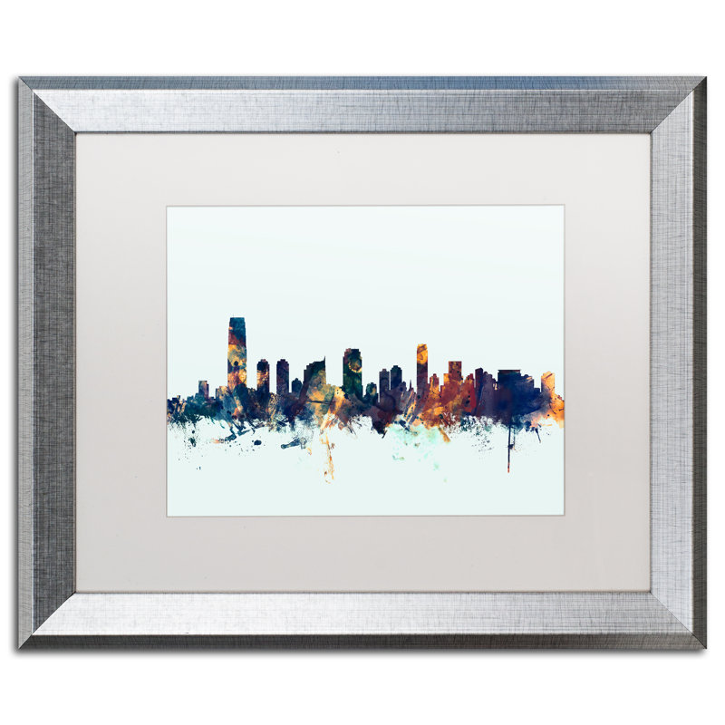 «Jersey City NJ Skyline Blue», impression encadrée, H 11 po x l 14 po x P 0,5 po, Blanc, Cadre noir