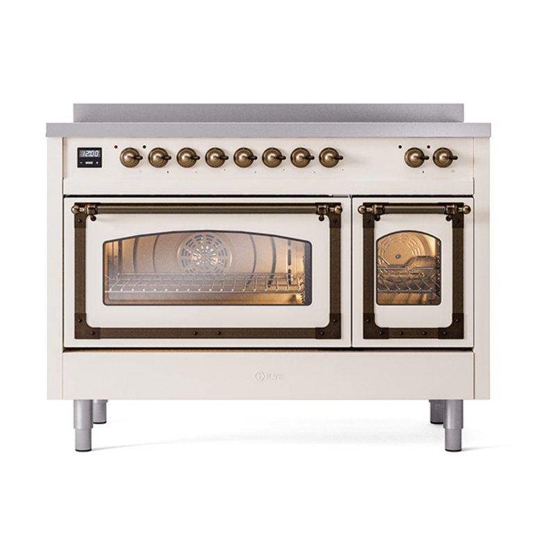 ILVE Nostalgie II Noblesse 48 in Induction Range, 6 Induction Elements (Glass Door), Antique White/Burnished