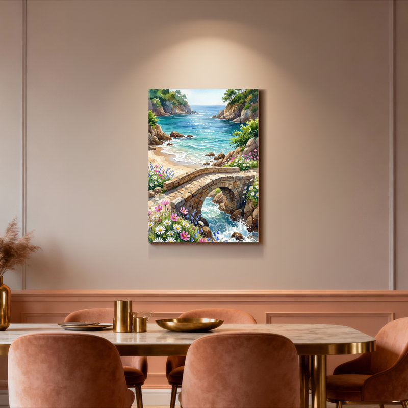 Ensemble de 1 tableau sur toile tendue représentant un pont côtier et des fleurs, H 18 po x l 12 po