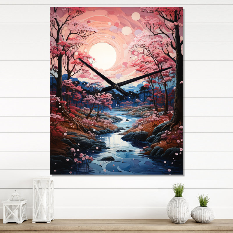 Horloge murale moderne Japon Art Cherry Blossom River II - Floral, H 40 po x l 30 po x P 1 po