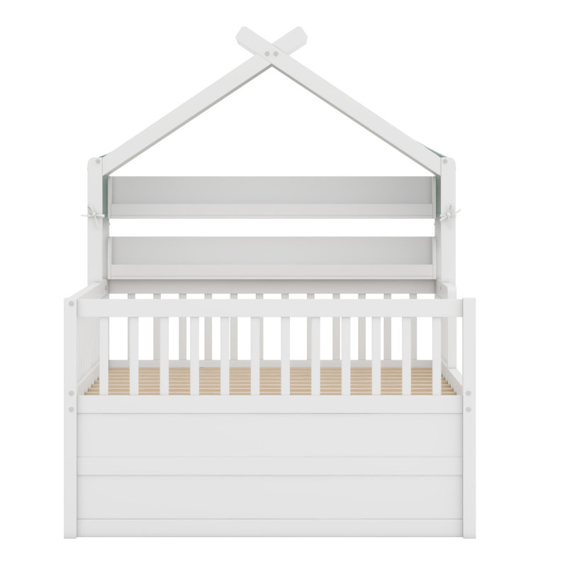 Structure de lit inspirée d'une maisonnette avec lit gigogne intégré pour enfants, Blanc