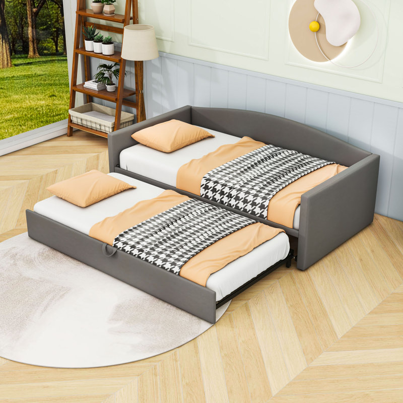 Twin Velvet Upholstered Daybed with Adjustable Pop-Up Trundle, Gray