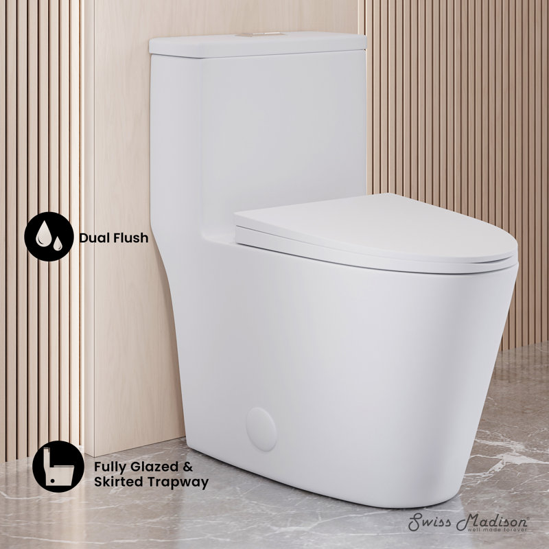 Dreux One Piece Elongated Dual Flush Toilet with 0.95/1.26 GPF, Glossy White, Top, 30" H x 16.5" W x 28" D